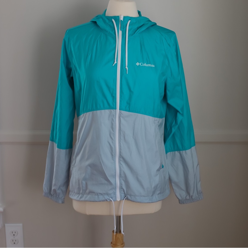Columbia Women’s Hooded Water Resistant Windbreaker Teal/Gray Small